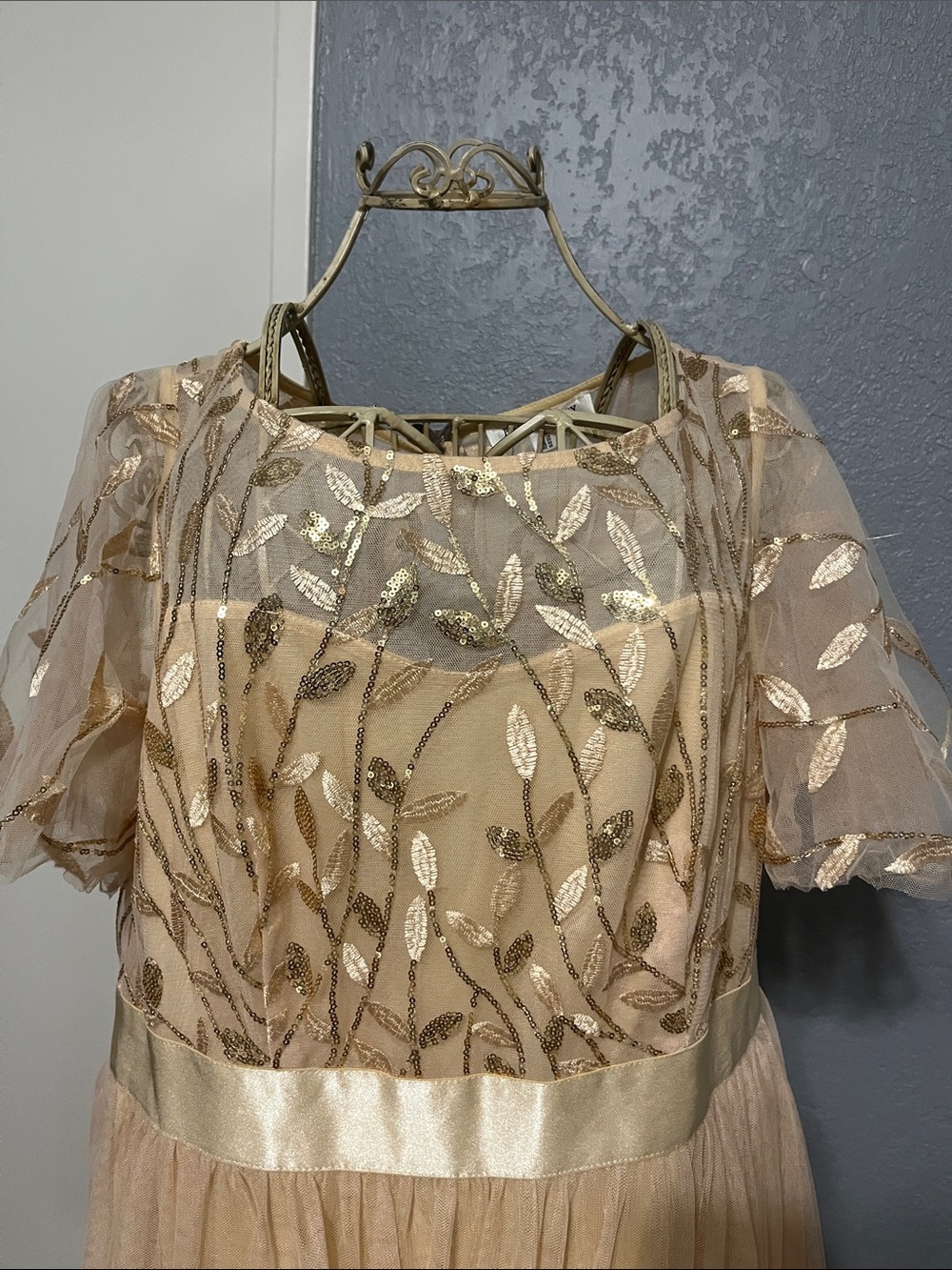 Ever Pretty Gold Sequin Leaf Mesh Maxi Dress